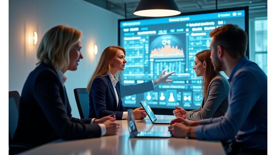 Group of executives collaborating around a data dashboard on a large screen, demonstrating hands-on application of digital tools in a modern German office environment.