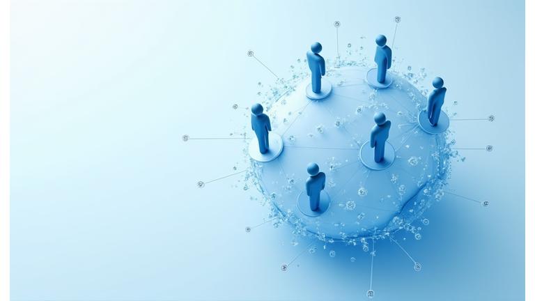 An infographic depicting a 360-degree leadership assessment tool, showing interconnected circles and data points representing feedback from various stakeholders like peers, managers, and direct reports.
