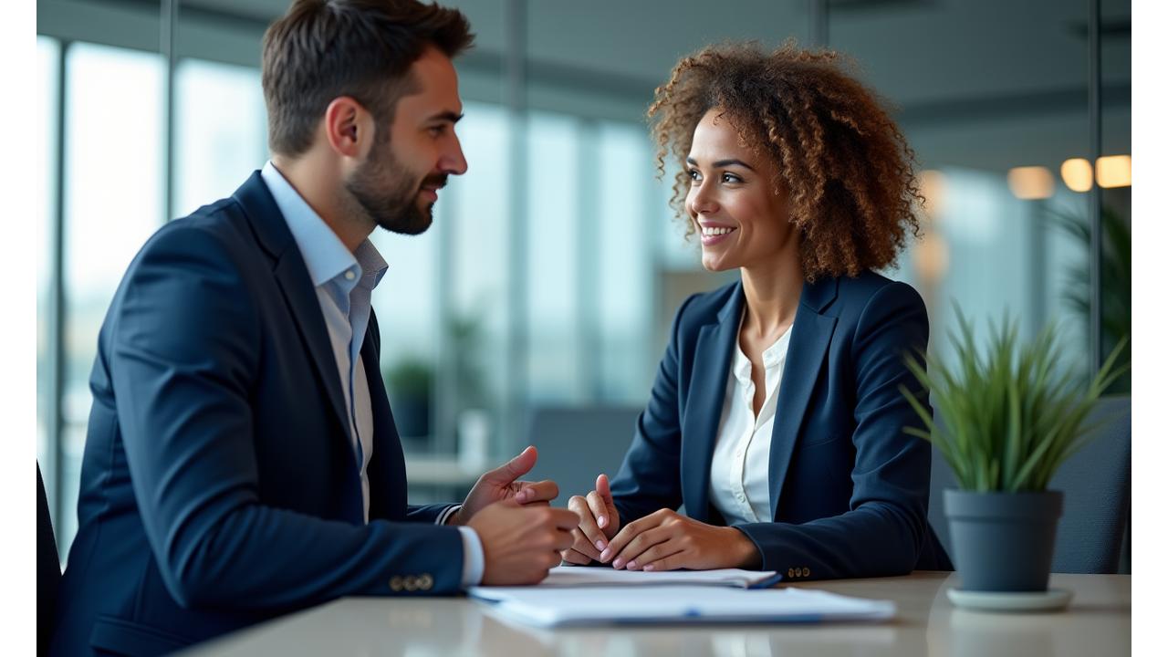 Executive in a modern, light-filled office discussing leadership development with a Brevilo Lumina advisor.
