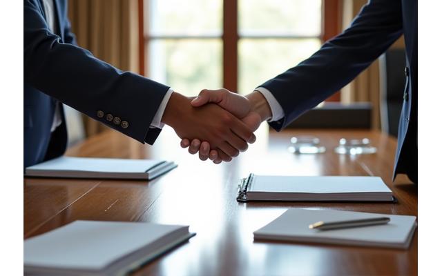Two professionals shaking hands over a table with official documents, symbolizing successful program enrollment or partnership.