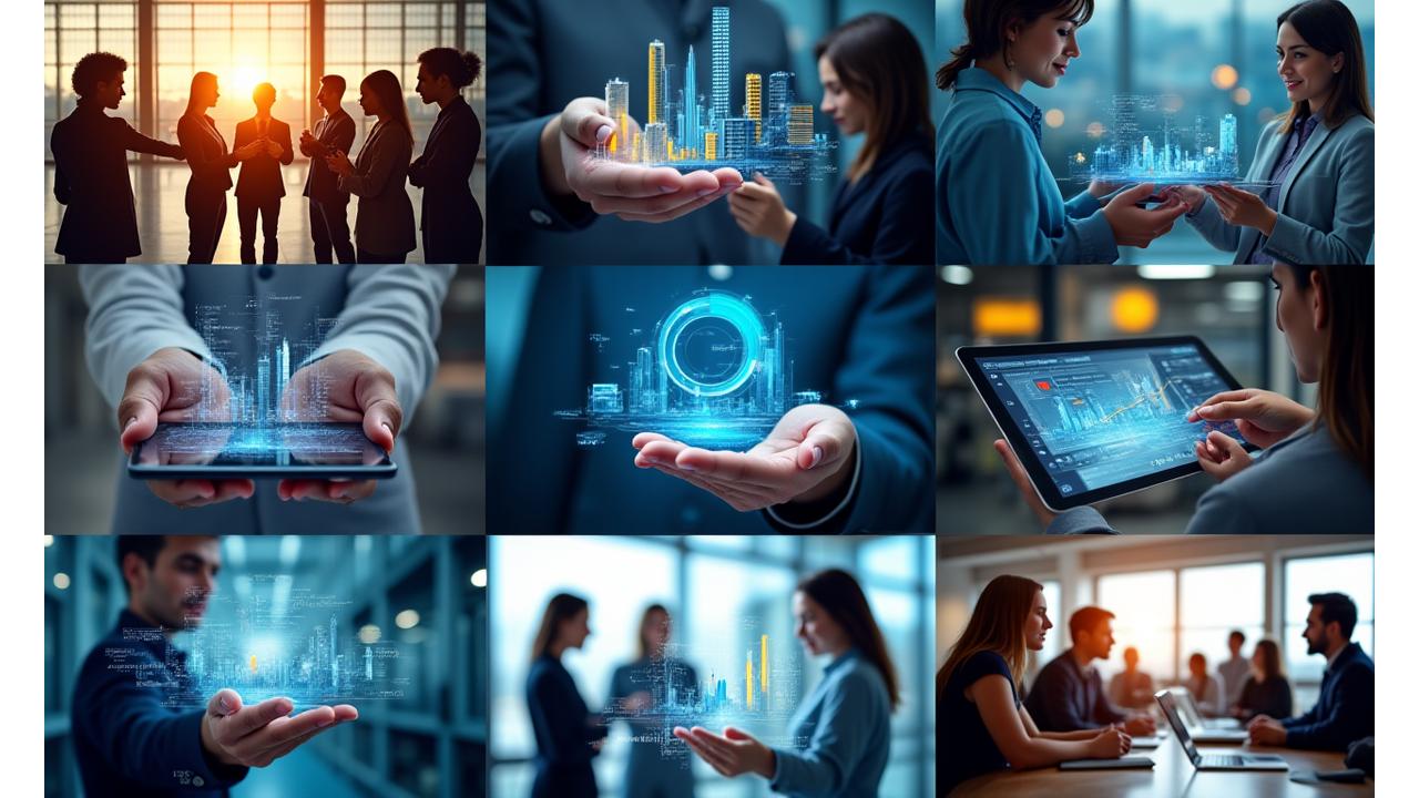 Ein Mosaik aus neun Bildern, die verschiedene Szenarien von erfolgreicher Geschäftsentwicklung und Teamarbeit in deutschen Unternehmen darstellen, symbolisierend für verbesserte Leistungsfähigkeit und Innovation nach den Trainings von Brevilo Lumina.