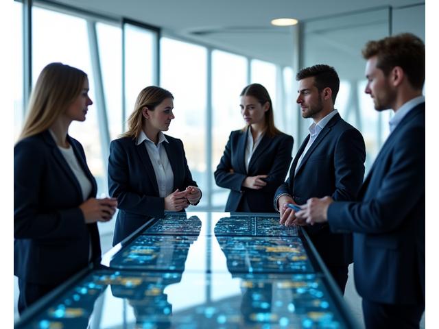 Team von deutschen Managern in einem modernen Büro, die gemeinsam an einem Tablet arbeiten und Ideen austauschen. Der Fokus liegt auf Zusammenarbeit und digitaler Transformation.