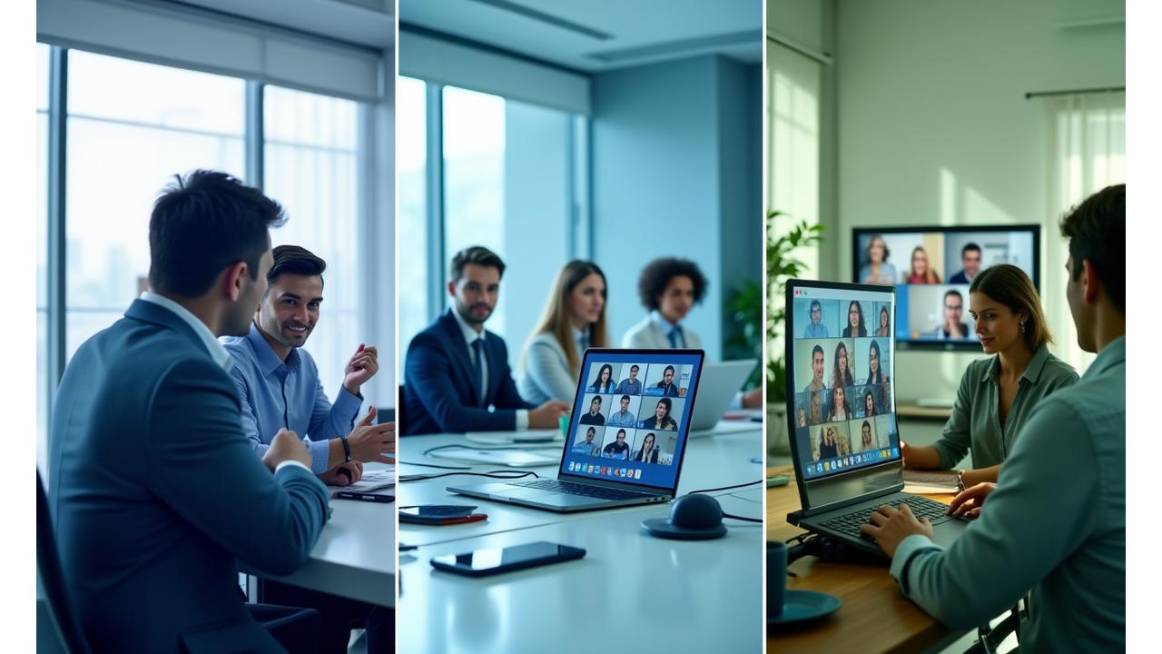Illustration einer Gruppe von Personen, die in verschiedenen Szenarien lernen: im Büro, im Homeoffice über einen Laptop und in einem gemischten Setting, um die Flexibilität der Trainingsfomate zu visualisieren.
