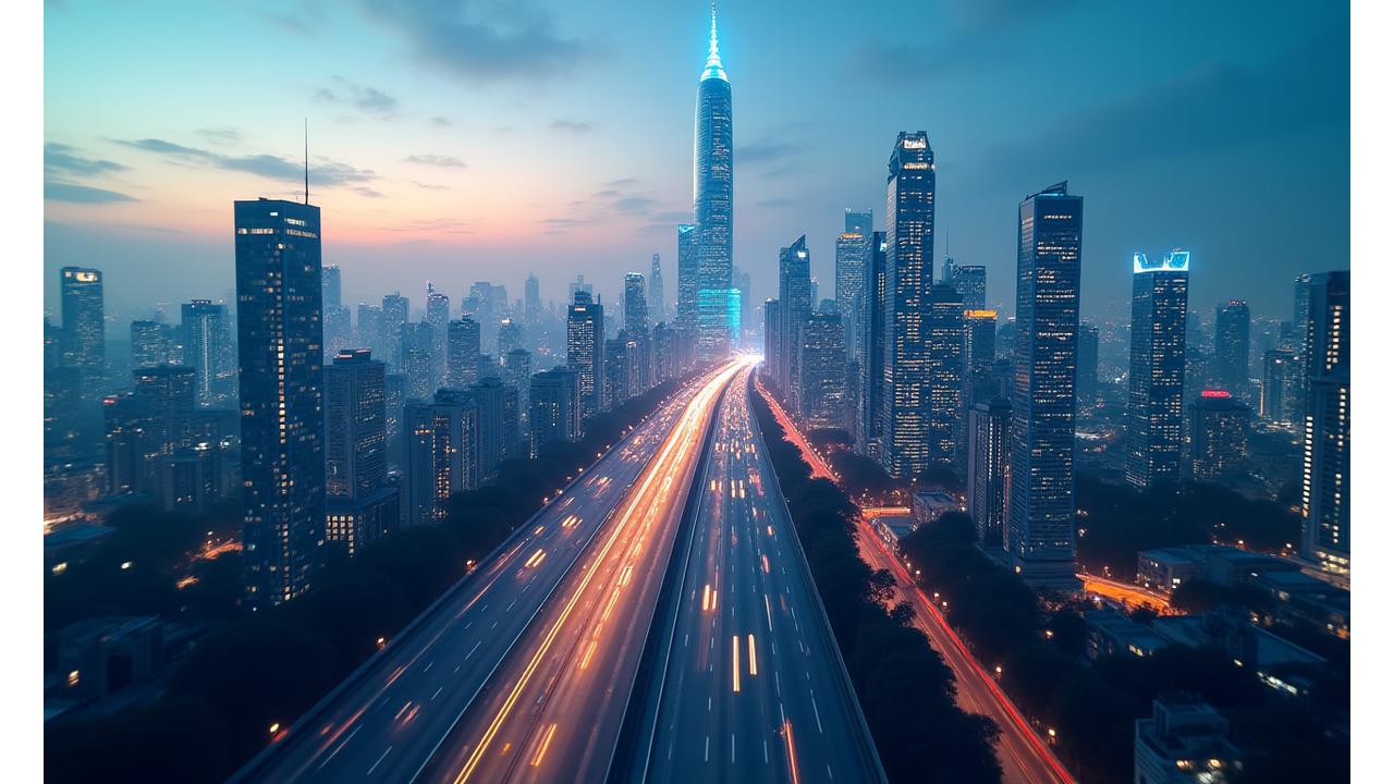 Global cityscape blending with abstract data visualizations, representing international business trends and insights.
