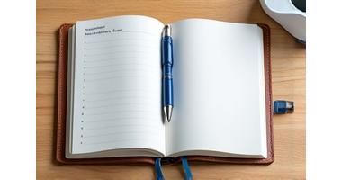 Bild eines Notizbuchs mit 'Potentialanalyse' und Stift