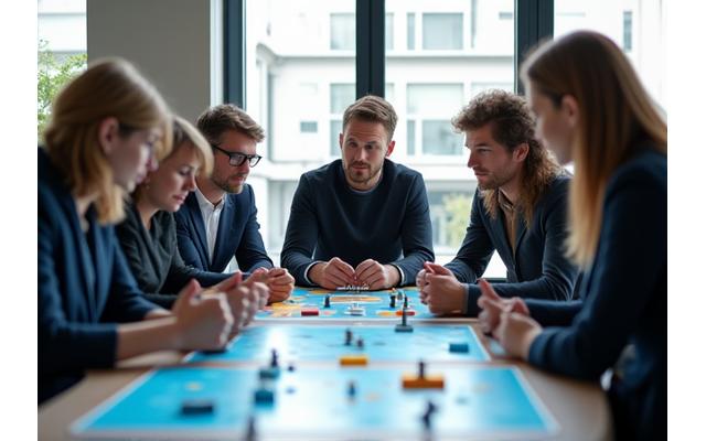 Executives participating in an interactive business simulation, using visual aids and engaging in group discussions to solve practical problems.