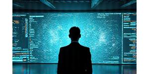 A leader navigating a complex, ever-changing digital landscape, symbolizing adaptive management and resilience.