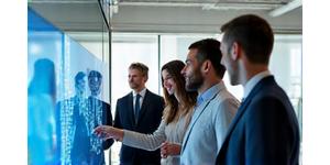 Diverse group of international business professionals collaborating on a project, symbolizing cross-cultural leadership.
