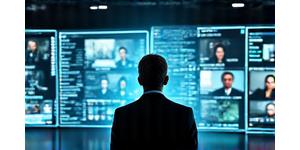 A leader guiding a team through complex digital data streams on multiple screens, representing digital leadership.