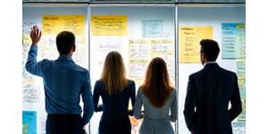 Executives brainstorming ideas in a modern, collaborative space, with sticky notes and diagrams, symbolizing innovation leadership.