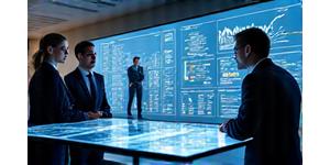 A group of executives collaborating around a holographic projection of business data, representing strategic vision development.