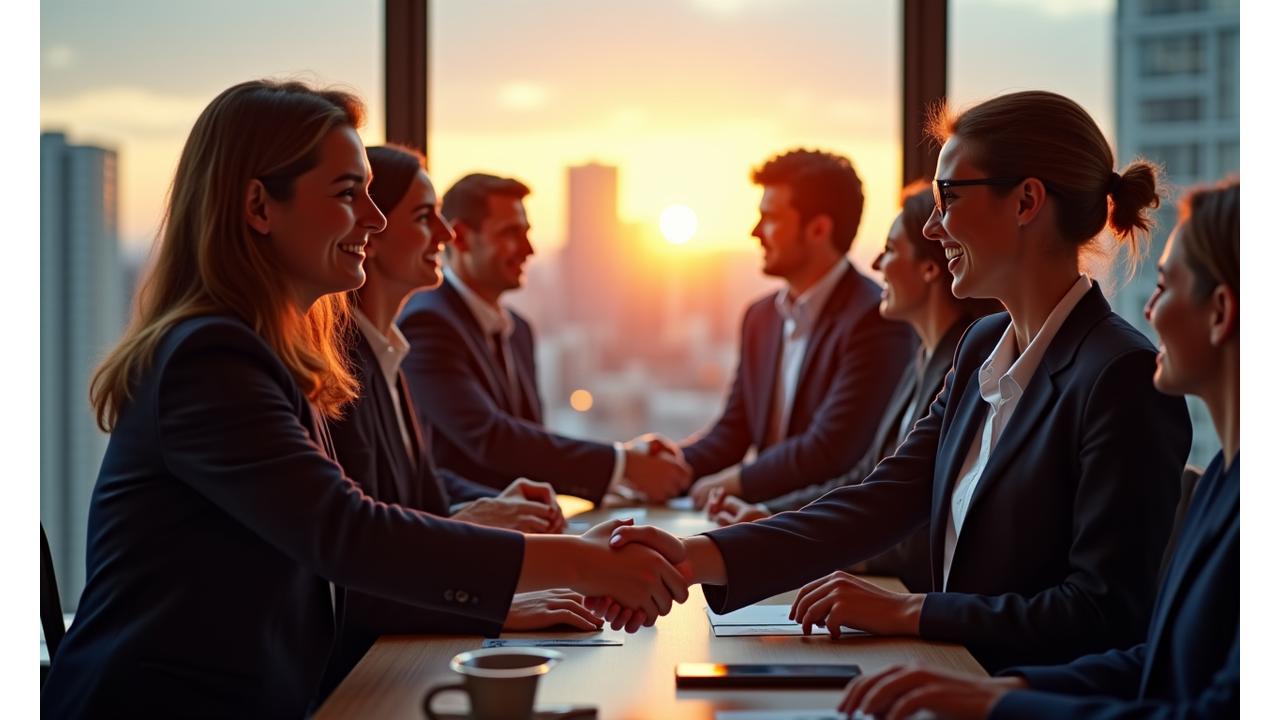 A diverse group of German executives, both male and female, shaking hands and smiling warmly in a modern, well-lit conference room, symbolizing collaboration and successful program completion. The setting conveys trust and a positive, forward-looking atmosphere, reflecting the 'Authoritative yet approachable' brand feel.