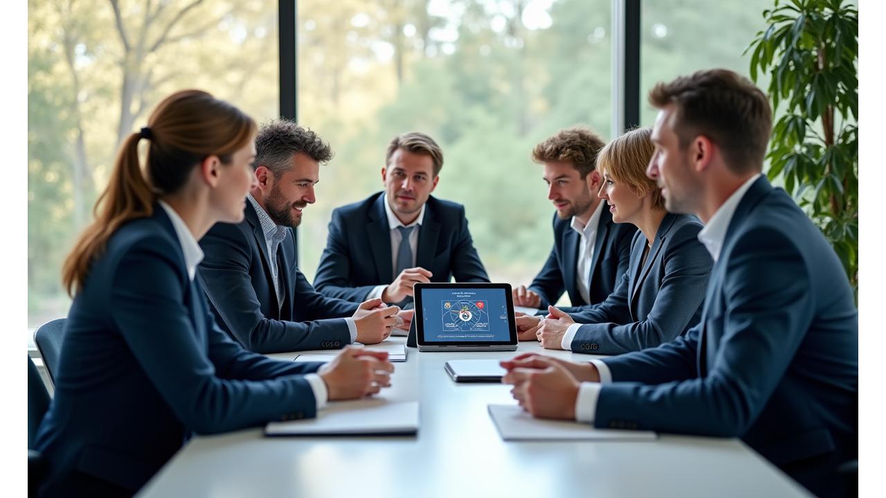 German business leaders discussing sustainable practices in a modern, light-filled office, focusing on collaboration and ethical decision-making.