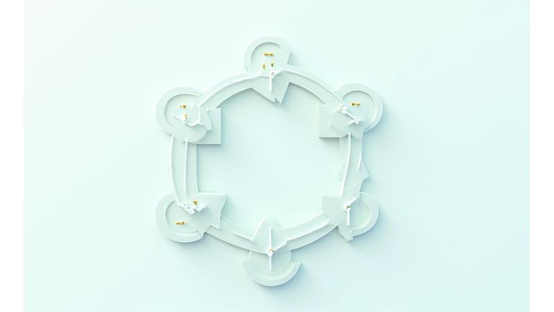 Infographic depicting a cyclical framework for sustainable business transformation, showing stages like assessment, strategy, implementation, and reporting, with arrows indicating continuous improvement. The color scheme aligns with Brevilo Lumina's brand colors, conveying professionalism and clarity.